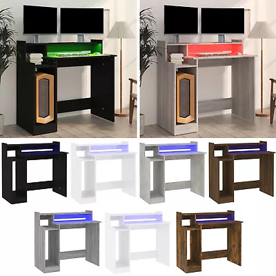Computer Desk LED Lights Wood Writing Table Shelving Unit Home Office PC Gaming • £65.95