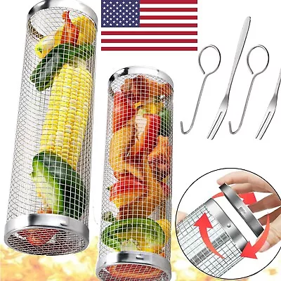 2 Pack Rolling Grilling Basket Set Stainless Steel For BBQ Grill Outdoor Upgrade • $16.94