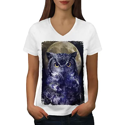 Wellcoda Owl Beast Moon Sky Womens V-Neck T-shirt Mystical Graphic Design Tee • £17.99