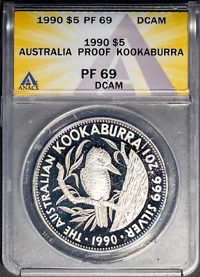 1990 $5 Silver Australian Kookaburra PF69DCAM ANACS # 7577330 + Bonus First Proo • $129.95