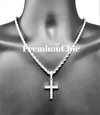 $12.34 • Buy Iced Cross Pendant With 5MM Rope Chain Necklace Mens Hip Hop Plated CZ Jewelry