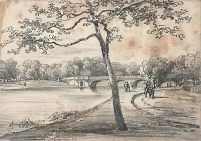 HENRY WILLIAM BURGESS Pencil Drawing THE SERPENTINE BRIDGE HYDE PARK LONDON 1827 • £100