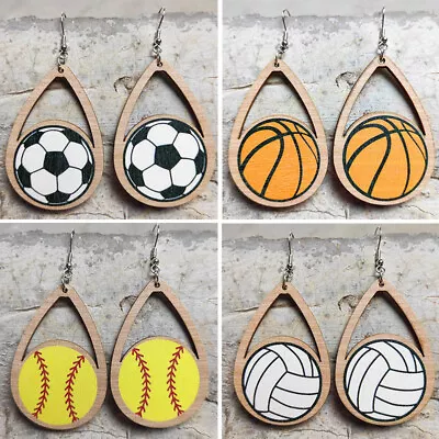 Wood Baseball Hollow Teardrop Volleyball Statement Earrings Women Sports Jewelry • $2.39