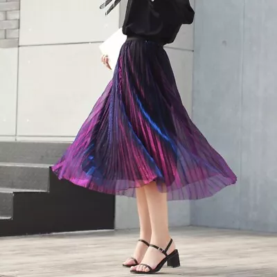 Fashion Womens Mesh Pleated Skirts Shiny Gradient Midi High Waist Glitter Dress • $24.47