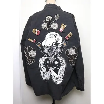 OOAK Women Size L/XL Military Black Jacket Rhinestones Skulls Goth Floral Tattoo • £25.47