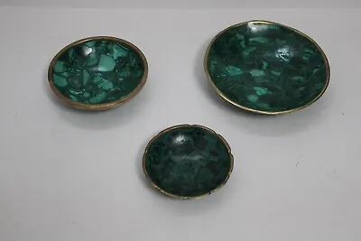 Set Of 3 Malachite Bowl Green Malachite Dish Hand Carved Brass Rim  3  4  5  • $74.96