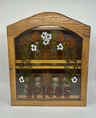 Vtg Spice Cabinet Rack Wooden Wood Strawberry Painted Glass Door 8 Jars Retro • $54