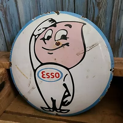 Vintage ESSO Happy Oil Drop Man Gas Pump Plate Porcelain Metal Dome 12  Sign • $15.50