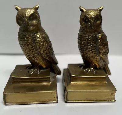 PM 1970 MCM VTG Cast Heavy Brass Owl Figurine Sculpture Bookends Boho Set USA • $49.99