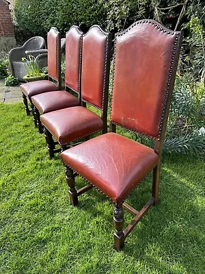 4 Antique Jacobean Style Carved Oak Dining Hall Chairs Studded Red Leather • £110