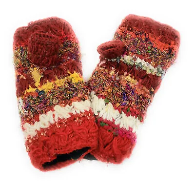 Wool & Silk Fingerless Texting Mittens Fleece Lined Hand Knit In Nepal • $22.95