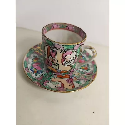 Vintage Famille Rose Medallion Hand Painted Demitasse Cup & Saucer • $19.99