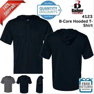 Badger Mens Short Sleeve B-Core Hooded With Drawcord T-Shirt 4123 Up To 3XL • $22.29
