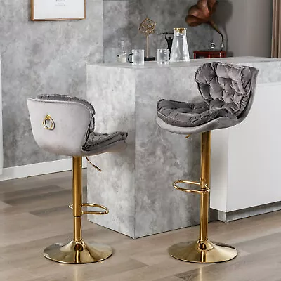 Set Of 2 Velvet Bar Stools Swivel Pub Bar Stools 25-33  Height Adjustable Gray • $174.99