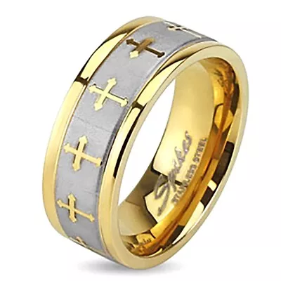 Stainless Steel Men's 8MM 14K Gold Plated Celtic Cross Wedding Band Ring SZ 9-13 • $11.95