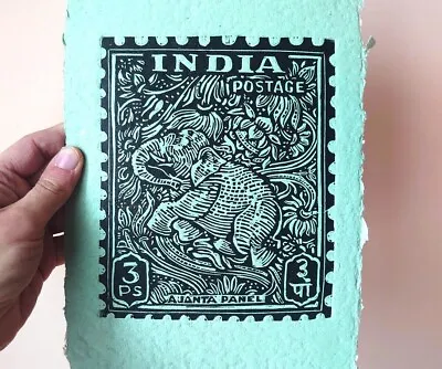 Elephant India Vintage Stamp Print Original  Linocut Wall Art Unframed Animals • £15