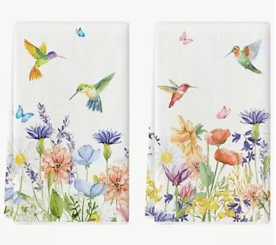 Set Of 2 Hummingbird Butterfly Floral Ultra Absorbing Cottage Tea Kitchen Towels • $12.95