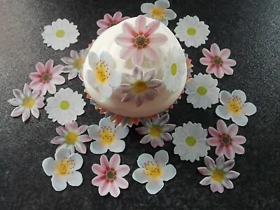 24 PRECUT Edible Small Pink & White Mix Flowers Wafer Paper Cake/cupcake Toppers • £2.85