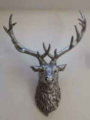 Large Stag Deer Head Sculpture Wall/Floor Standing Statue Antique Silver Brown • £25.98