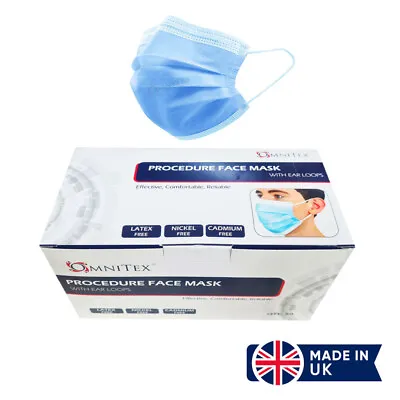 Omnitex Type IIR Blue Face Masks With Ear Loops - Pack Of 50 - UK Made 3Ply Mask • £7.99