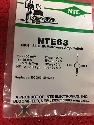 Nte 63  Npn-si Uhf/microwave Amp/switch • $3.60