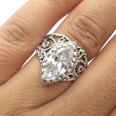 925 Sterling Silver Vintage Marquise-Cut C Z Filigree Cocktail Ring Size 5.75 • $42.99