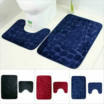 2Pcs Non Slip Pebbles Bath Mat Set Pedestal Mat Memory Foam Soft Bathroom Rug • $15.19