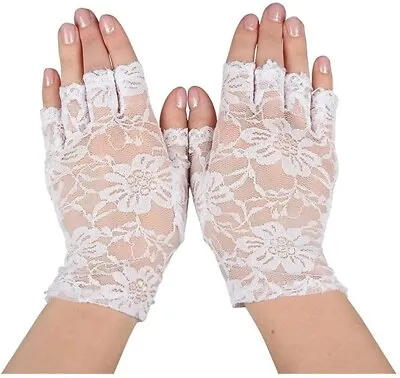£4.99 • Buy Ladies Short White Lace Fingerless  Gloves Burlesque Halloween Fancy Dress
