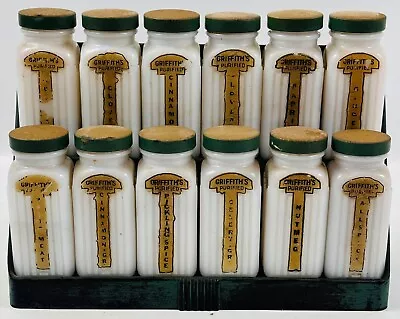 Griffith's Purified  12  Milk Glass Spice Jars /Lids  Counter / Wall Rack 1940’s • $69