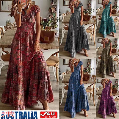 $8.37 • Buy AU Womens Summer V Neck Maxi Dress Ladies Evening Party Boho Sundress Plus Size