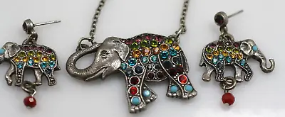 Vintage Mary Demarco Necklace Multi Color Elephant Necklace & Earrings Posts • $56