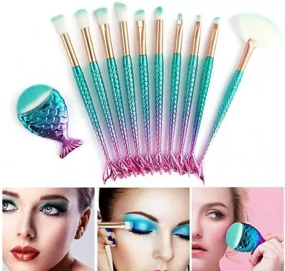 11 PCS Mermaid Makeup Brushes Set Fish Tail Foundation Eyeshadow Eyeliner Blush • $32.99