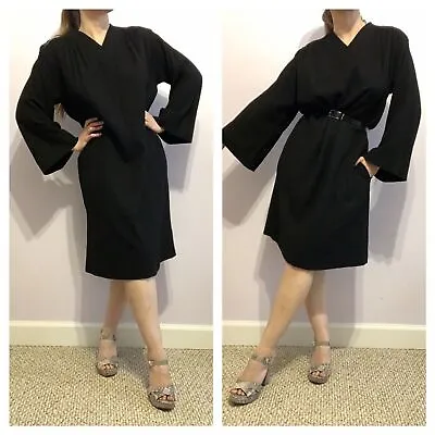 YSL Vintage Black Knit Sweater Dress Size 38 Mid Length Granny Long Bell Sleeves • $109