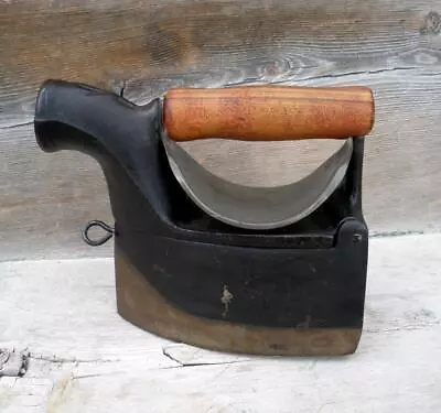 Antique 1900s CHIMNEY SAD IRON Coal Cast Iron Press Wood Handle Heat Shield • $79.99