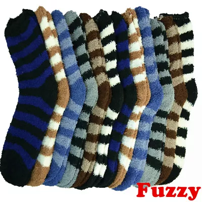 3-10 Pair For Mens Soft Cozy Fuzzy Socks Striped Solid Winter Home Slipper 10-13 • $6.55