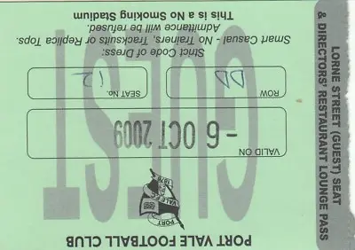 Ticket - Port Vale V Stockport County 06.10.09 Directors' Lounge Pass • £2