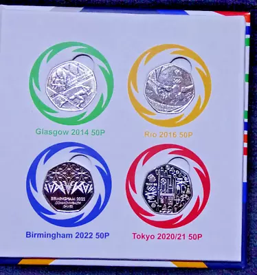 THE OLYMPIC & COMMONWEALTH GAMES 50p X FOUR COIN COLLECTION IN ALBUM + EXCELLENT • £34.95