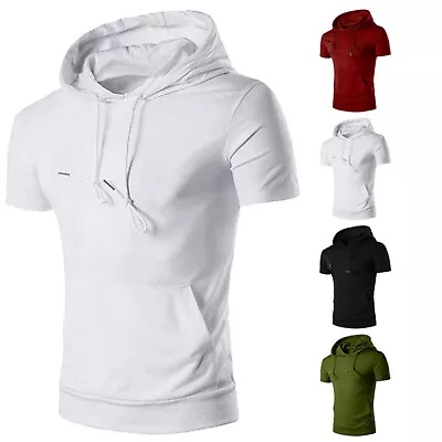 Men's Hoodie Running Shirt Tops Casual Hooded T-Shirt With Pocket Short Sleeve • $18.19