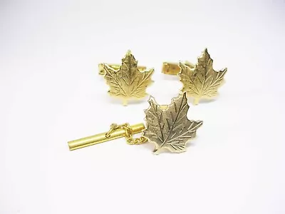 Cuff Links Tie Pin Set Maple Leaf Vintage Gold Tone Cufflinks With Tie Tack • $19.96