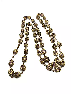 Long Venetian Purple Faceted Glass Vintage Beaded Necklace With Brass Flower Cap • $55.25