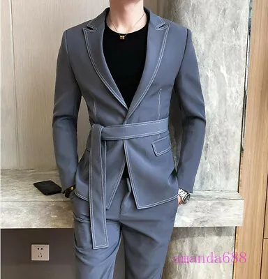 $132.64 • Buy Korean Fashion Mens One Button Belted Trench Coat Slim Fit Trousers Blazer Suits