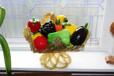 Vintage Murano Style Glass Fruit Vegetables In A Mid Century Basket • $150