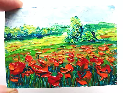 Landscape Original Oil Painting Poppy Field And Forest Painting. Without Frame.64х89 Mm • £13.49