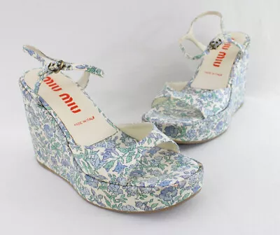 Miu Miu Women's Blue Floral Platform Wedge Heel Sandals Shoes Size 37 7 • $59