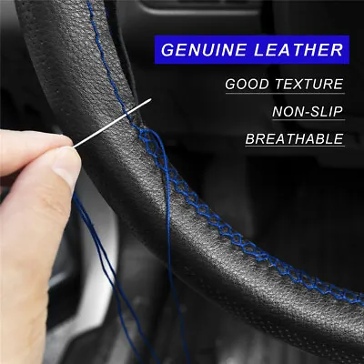 Genuine Leather DIY Car Steering Wheel Cover Breathable Anti-slip 38cm Black • $10.89