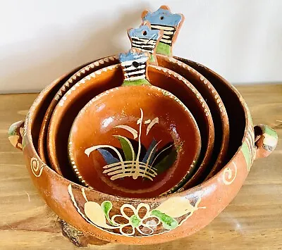 Vtg Mexican Tlaquepaque Hand-Painted Pottery Redware Clay Nesting 4 Piece Dishes • $40