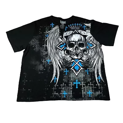 MMA Elite Henley Shirt Men’s L Black Short Sleeve Skull Cross Angel Wing Crown • $36.31
