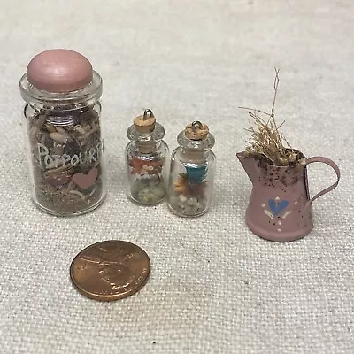 Vintage Dollhouse Miniature Dried Flowers Potpourri In Jars And Metal Pot Farm • $9.99