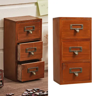 Small Wooden Storage Box Vintage 3 Drawers Jewelry Cosmetics Tabletop Organizer • £11.94