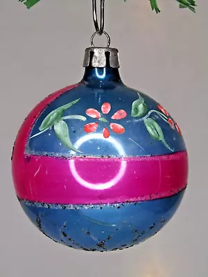 Vintage Blown Glass FLOWER Pictured BALL Glittered Christmas Ornament Poland • $20